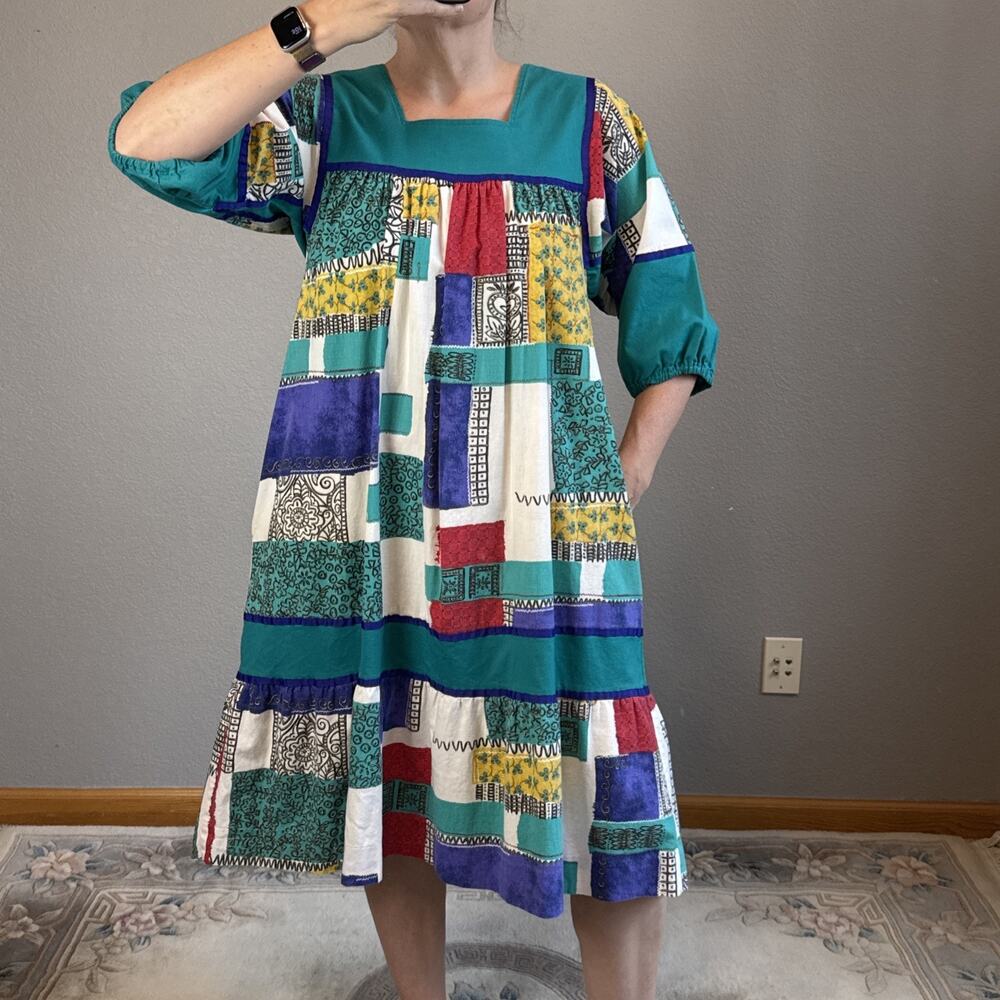 Krist Gudnason Vintage Midi Lounge Caftan Patchwork Dress Size L Pockets MuuMuu